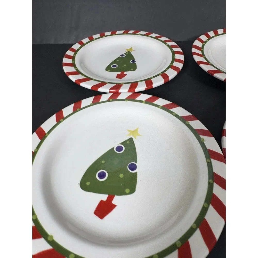 Pier1 Hand-Painted Ironstone China Christmas Tree Plates (4) 8in Holiday